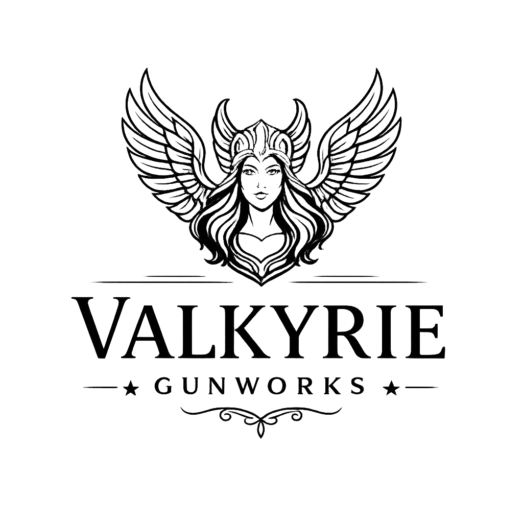 A symmetrical, circular black and white logo featuring a stylized valkyrie with outspread wings. Inside the circular frame, the bold text reads "VALKYRIE" on the top line and "GUNWORKS" on the bottom line, separated by a thin horizontal line with a small diamond detail on each side.